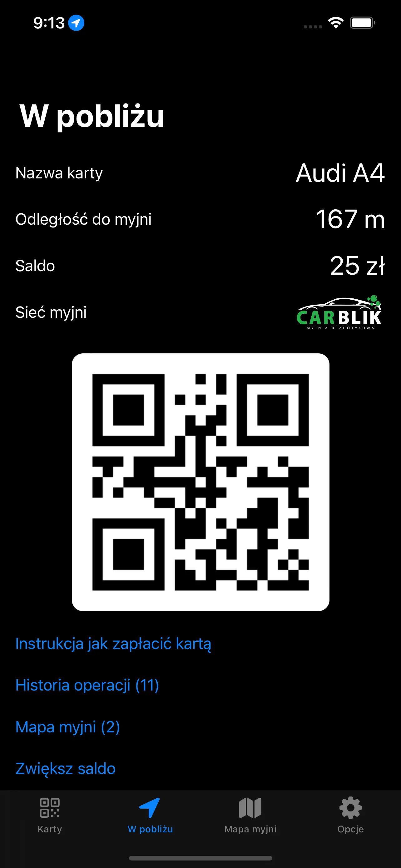 Aplikacja eWash - ekran karty