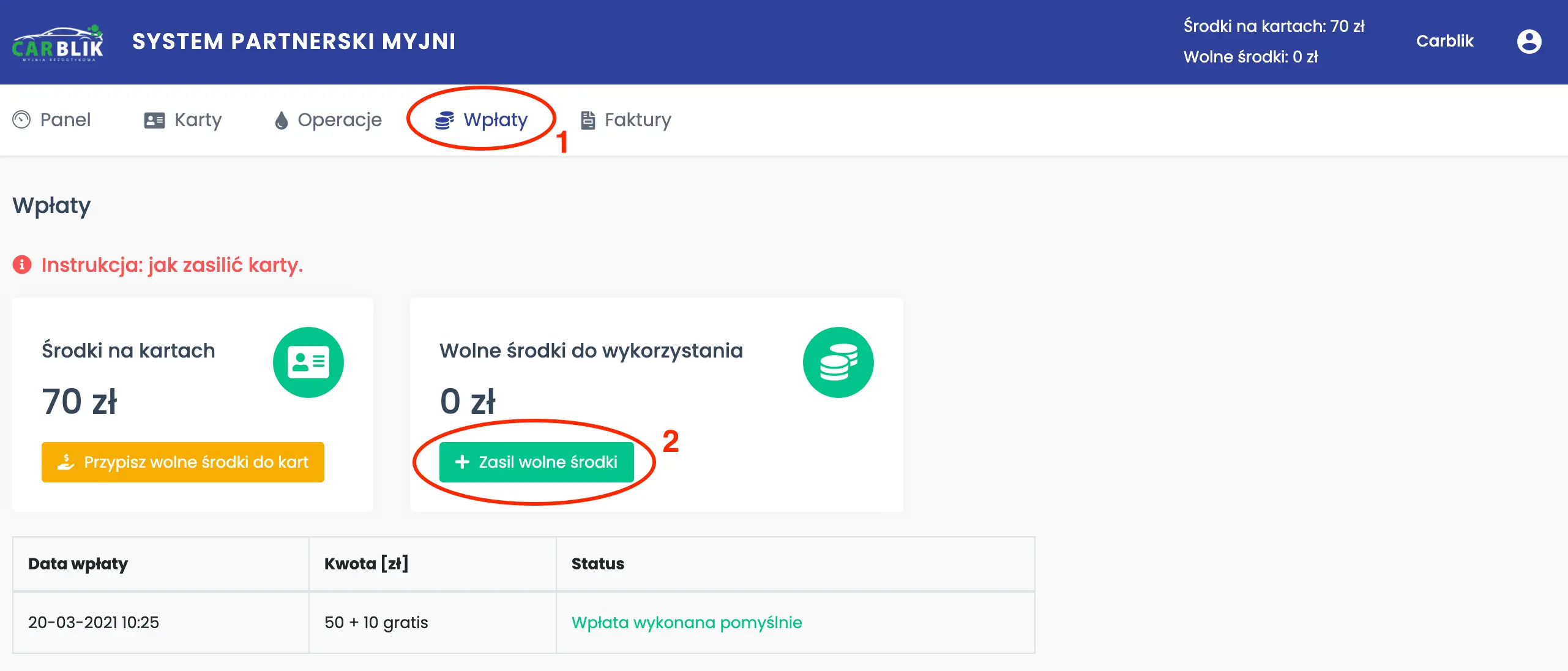 Strona "Wpłaty" w systemie ewash.pl.